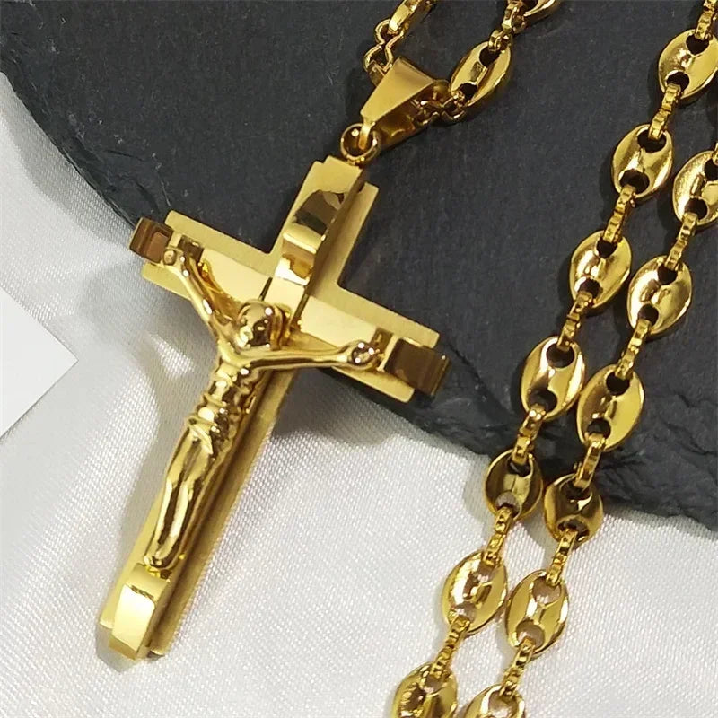 Collier pendentif croix de Jésus pour hommes en acier inoxydable couleur or, chaîne gourmette de café, bijoux chrétiens