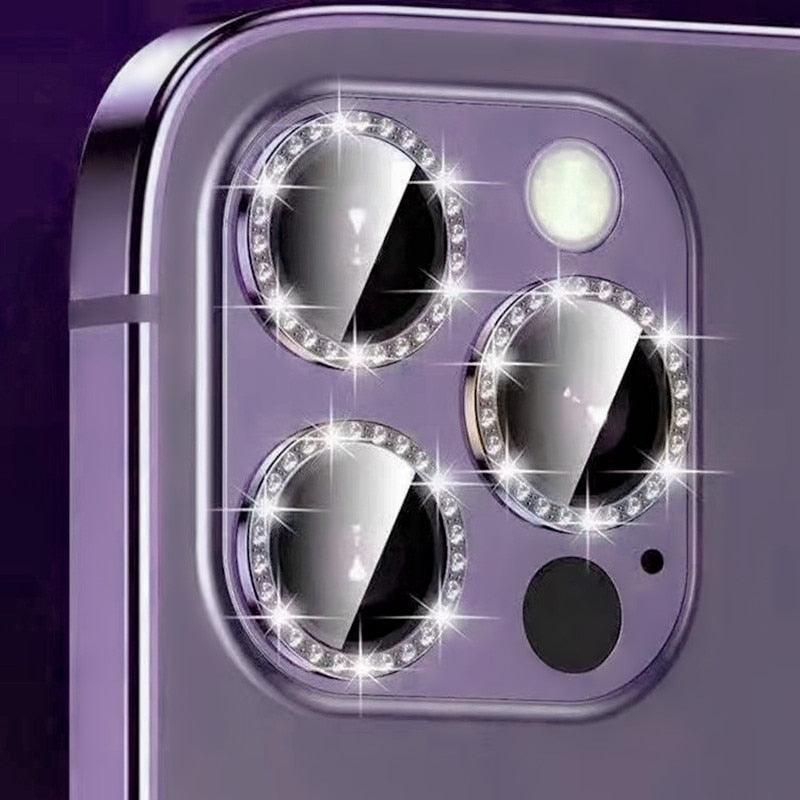 Verre trempé avec anneau métallique, strass et paillettes pour appareil photo iPhone 11 12 13 14 Pro Max Mini Plus, protection d'objectif à couverture complète 9H, protection d'objectif en verre trempé avec anneau métallique unique à couverture complète