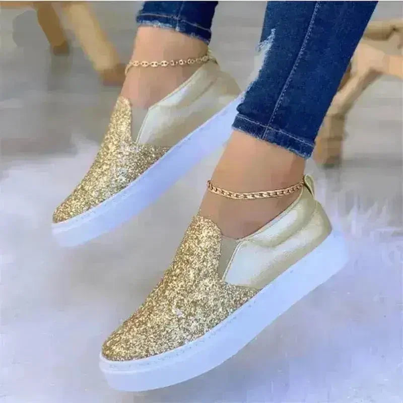 Mocassins à Paillettes Plats Femme Chaussures Loafers Noir/Or Rose/Noir/Or