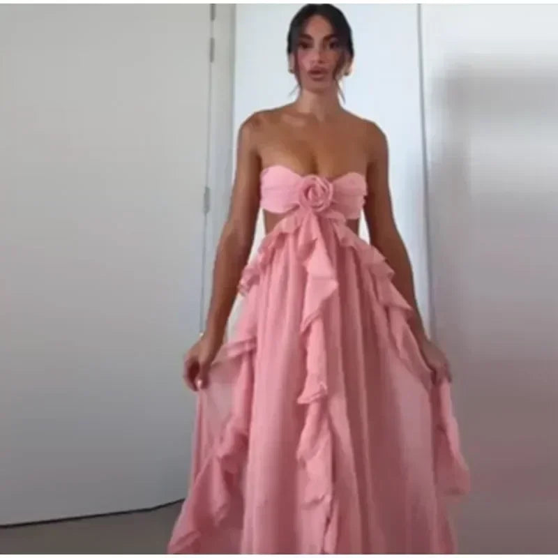 Robe longue chic printemps femme ajourée fleur 3D ourlet à volants élégante épaule dénudée dos nu Robe de soirée Street Party 2025 Nouvelle collection