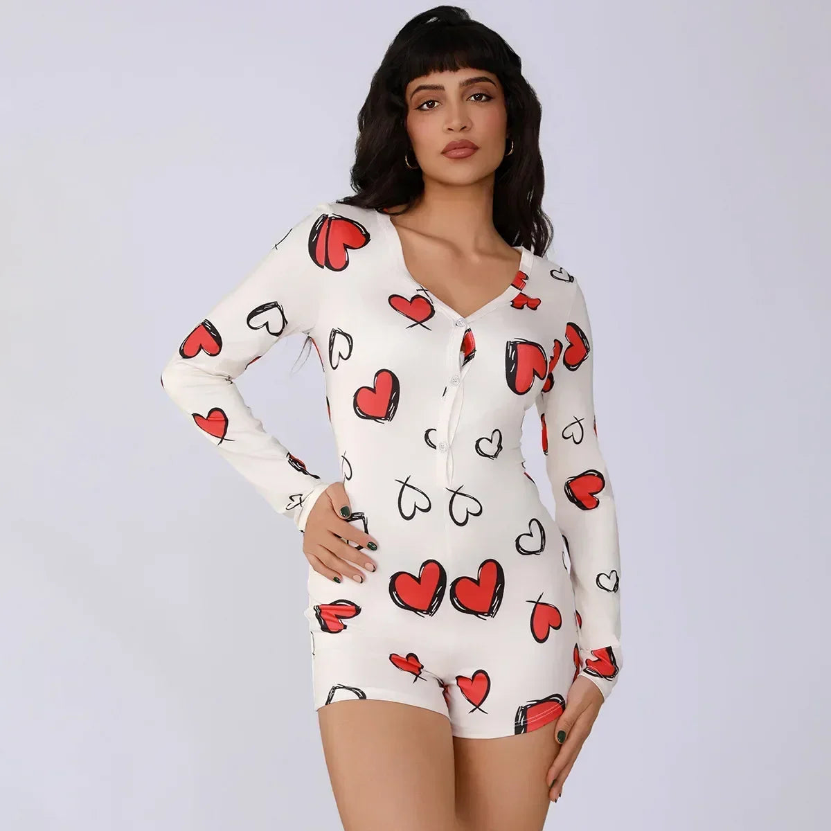 Combinaison une pièce pour femme, pyjama sexy pour fille, imprimé numérique cœur, ensemble manches courtes, short, vêtement d'intérieur