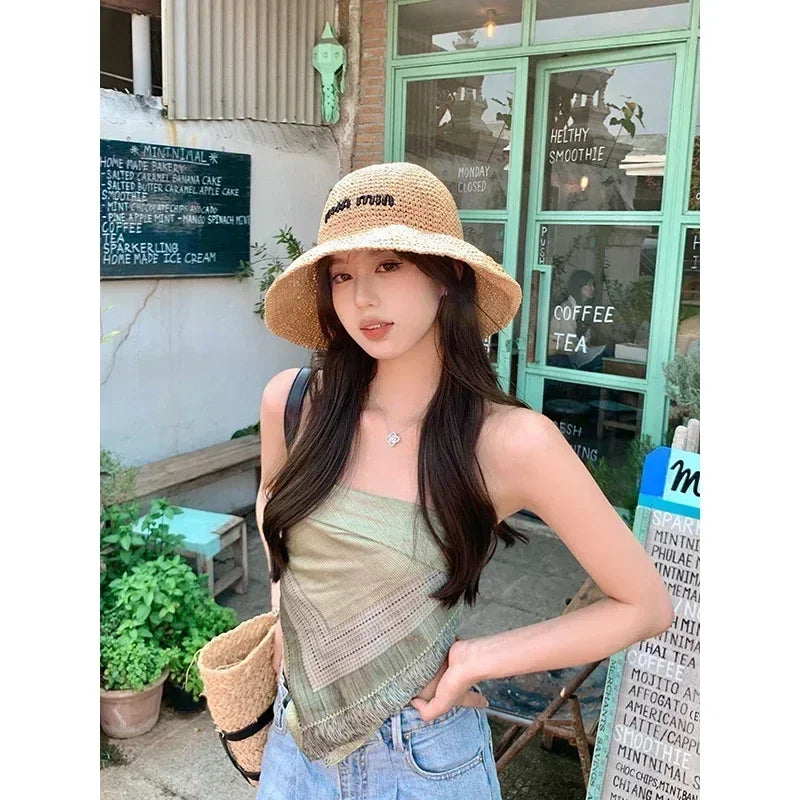 Chapeau de soleil en paille pour femmes 2025, grand bord large, pliable, pour la plage, style créateur, seau coréen pour l'extérieur