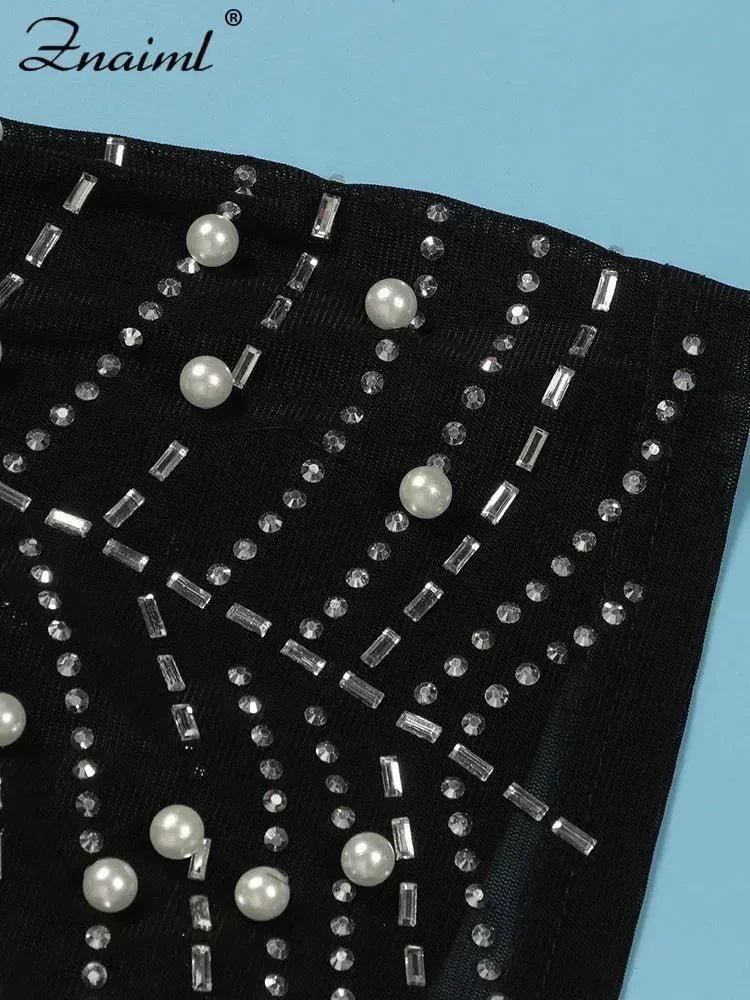 Znaiml Robes moulantes dos nu transparentes en maille diamantée avec strass et plumes sexy pour femme, boîte de nuit, fête d'anniversaire, soirée, Vestidos