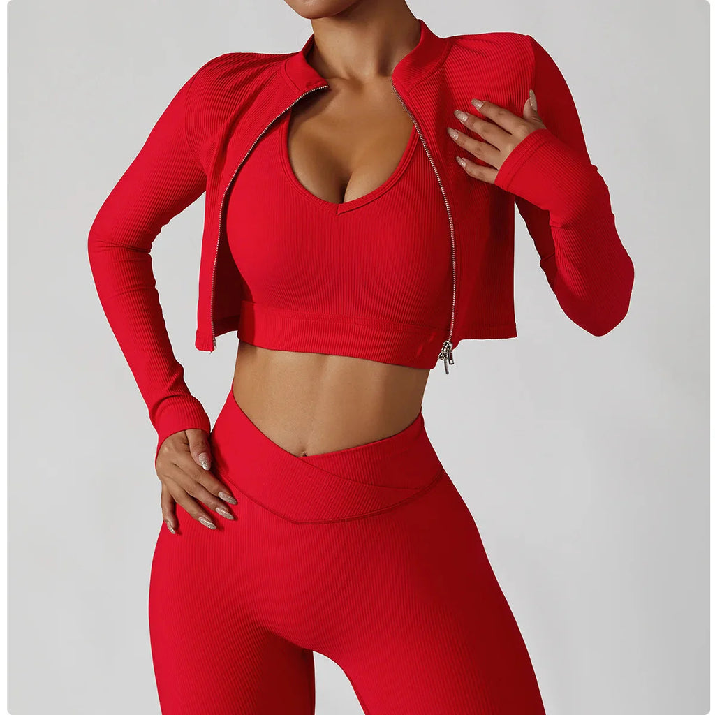 Ensemble de yoga sans coutures 3 pièces – Veste, soutien-gorge et leggings