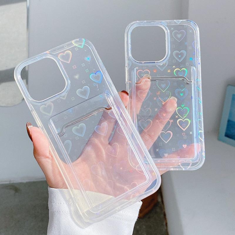 Coques de téléphone transparentes avec motif cœur mignon pour iPhone 13 14 Pro Max Simple Luxueux Amour Dégradé Silicone Étui Portefeuille Porte-Cartes Housse de protection antichoc