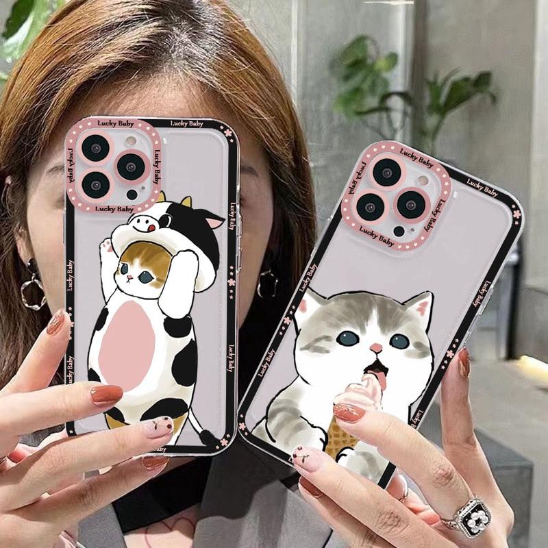 Coque de téléphone mignonne motif chat pour iPhone 11 12 13 Mini Pro Max 14 Pro Max Coque en forme de dessin animé Housse souple transparente Coque ultra fine flexible anti-rayures pour iPhone