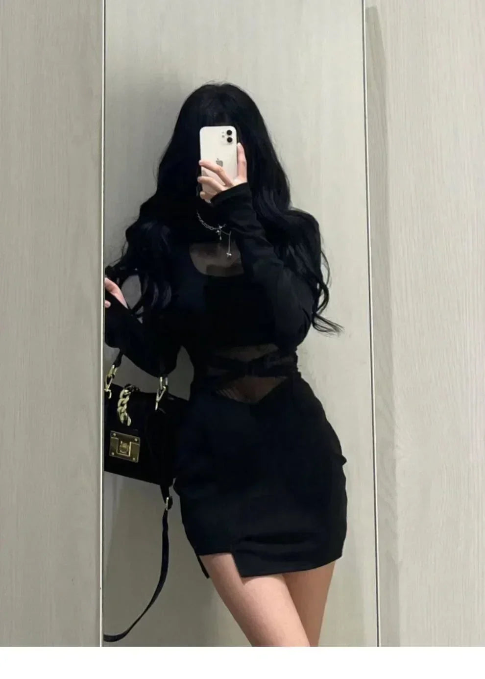 Robe trapue avec manches, nouvelle robe sexy noire à arêtes de poisson, robe moulante personnalisée pour femmes, gaze fine transparente enveloppant les fesses F8Q3