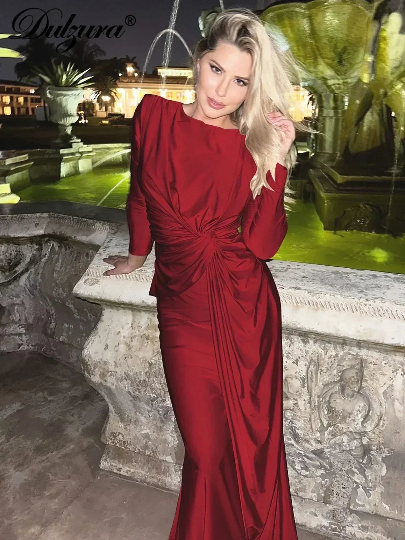 Robe longue Dulzura à manches longues et épaulettes, froncée, unie, élégante, pour bal de promo ou soirée, tenue d'automne et d'hiver pour femme