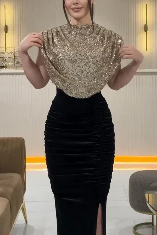 Robe longue élégante à taille haute, robe de soirée décontractée à col rond sans manches pour femme, drapée fendue, épissure à sequins, nouvelle collection 2025
