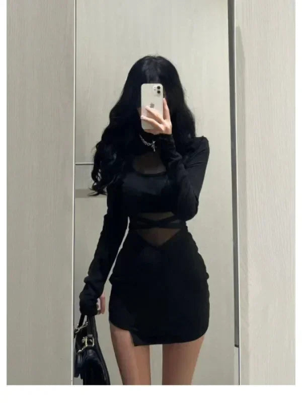 Robe trapue avec manches, nouvelle robe sexy noire à arêtes de poisson, robe moulante personnalisée pour femmes, gaze fine transparente enveloppant les fesses F8Q3