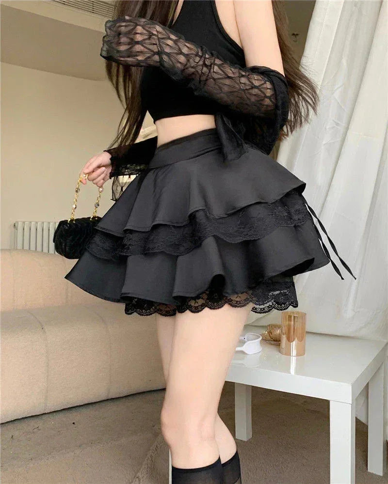 Mini-jupe Y2K Unie pour Femme, Taille Haute, Dentelle Patchwork, Robe de Bal, Mode, Volants, Jupe Féminine, Tout-assortie, Été