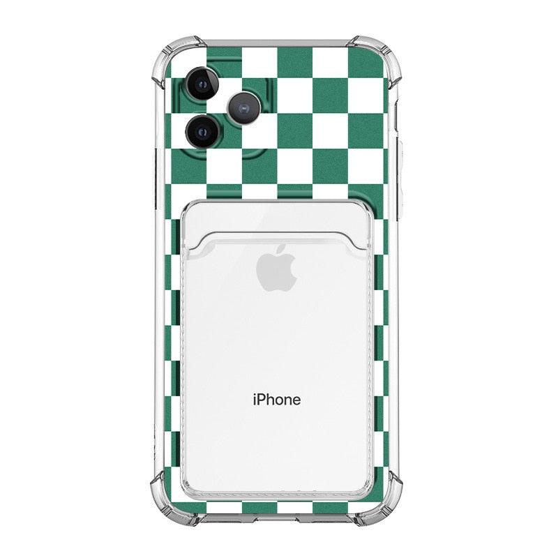 Étui de téléphone glamour avec porte-cartes transparent brillant, coque fine en silicone souple antichoc pour iPhone 14 13 11 12 Pro Max 7 8 Plus, jolie housse transparente à carreaux verts pour iPhone X XR XS, étui de téléphone antichoc avec porte-cartes