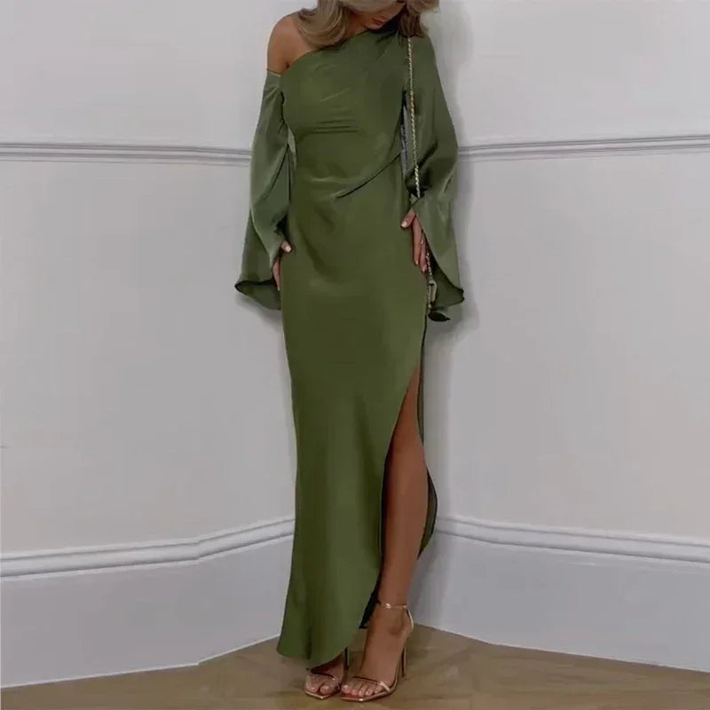 Robe sexy irrégulière unie à épaule oblique pour femme, robe longue élégante à col asymétrique sans dos, robes de soirée d'automne à manches évasées fendues
