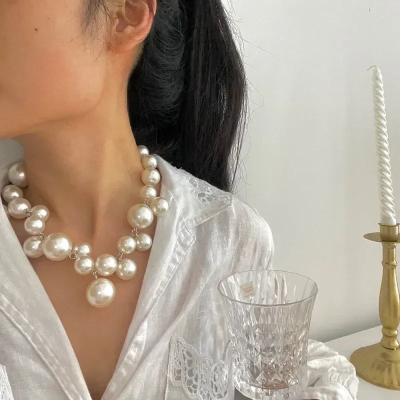 Collier élégant femme perles d'imitation, grand collier ras du cou perles, bijoux de fête, mariage, mariée, cadeaux pour filles