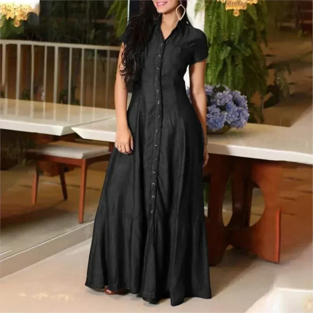 Robe Chemise en Jean Ample à Simple Boutonnage, Robe Décontractée à Manches Courtes avec Poches et Revers, Épissures et Grande Balançoire, Couleur Unie pour Femme, Nouvelle Collection 2024