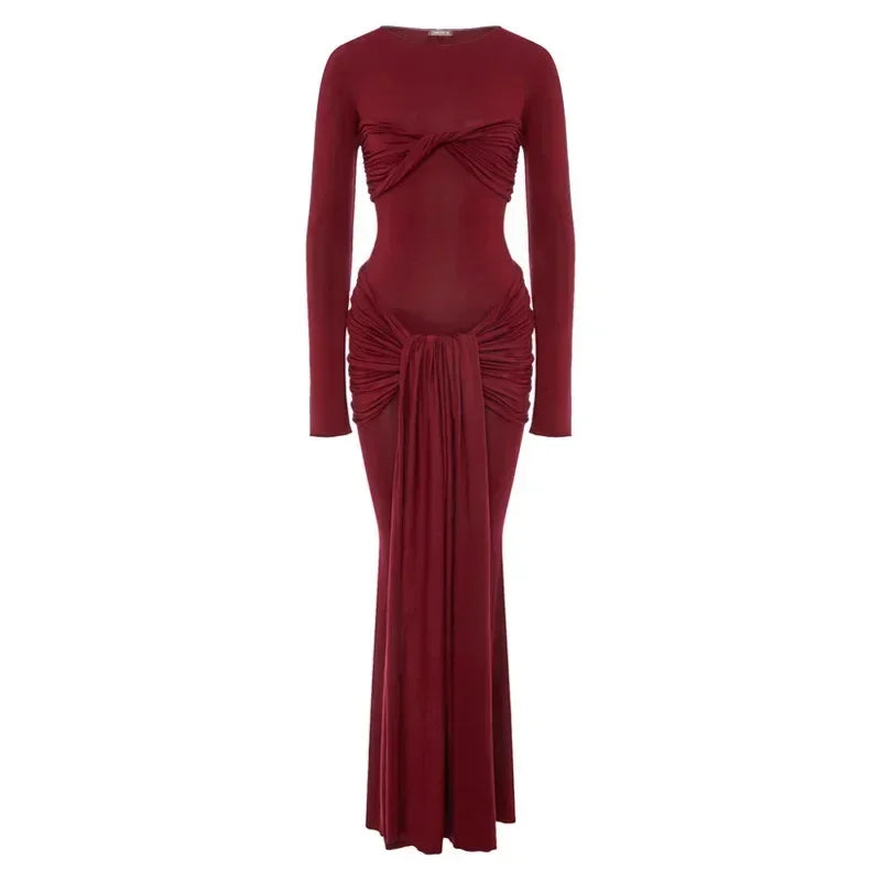 Robe longue plissée sexy pour femme Y2K, robe moulante de rue d'automne, robe patchwork torsadée à manches longues unies pour femme
