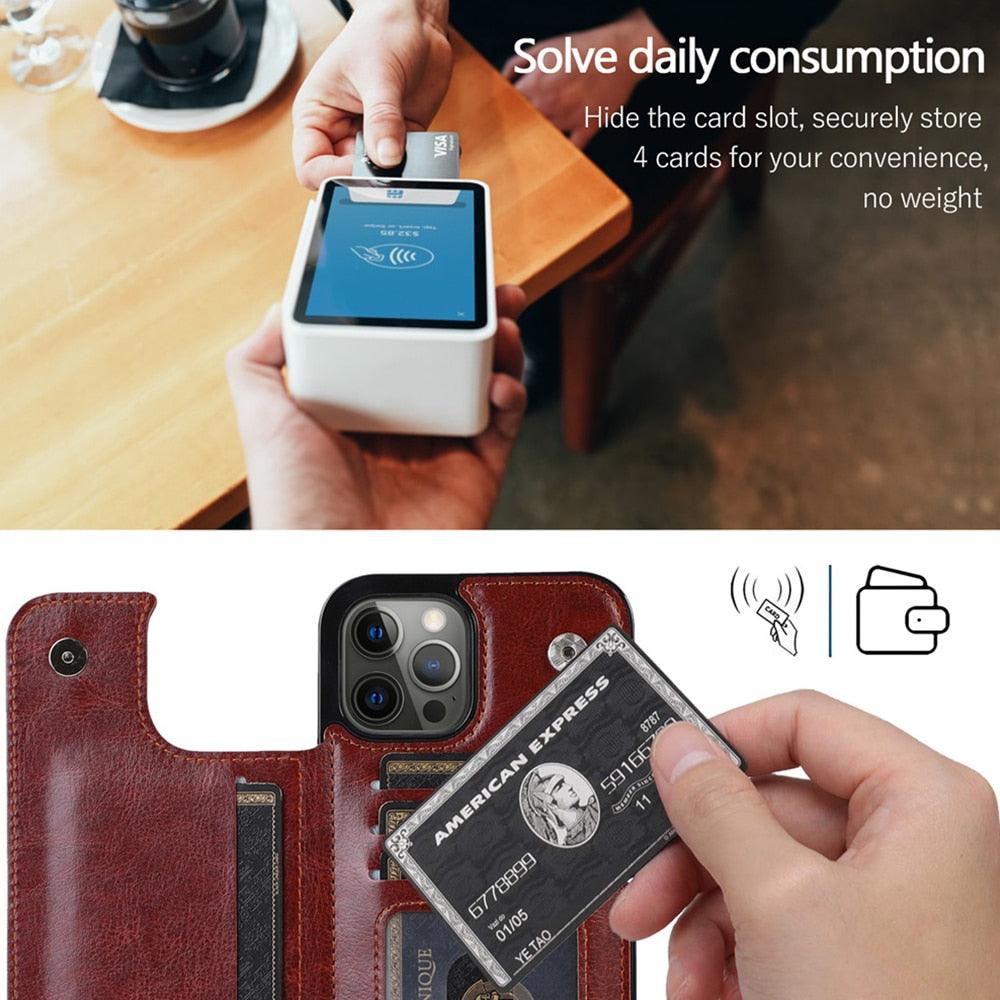 Étui en cuir de luxe pour iPhone 14 12 13 Mini 11 Pro XR XS Max 6 6s 7 8 Plus 5 5s, portefeuille, fente pour cartes de téléphone, étui à rabat en cuir PU avec béquille, fentes pour cartes, double fermoir magnétique, étui antichoc durable pour iPhone