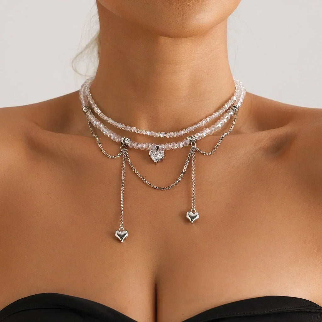 Collier Cœur Perlé Tendance pour Femmes Style Bohème Élégant Chaîne en Cristal Irrégulier Ras du Cou Y2K Exquis Cadeau de Fête Bijoux Accessoires