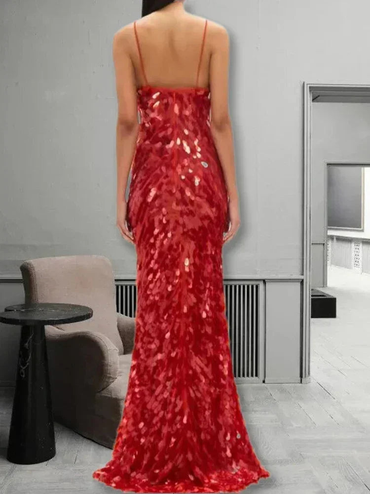 Robes longues Maxi élégantes à paillettes sans manches pour femmes, Robe longue de soirée unie à col en V profond et mode