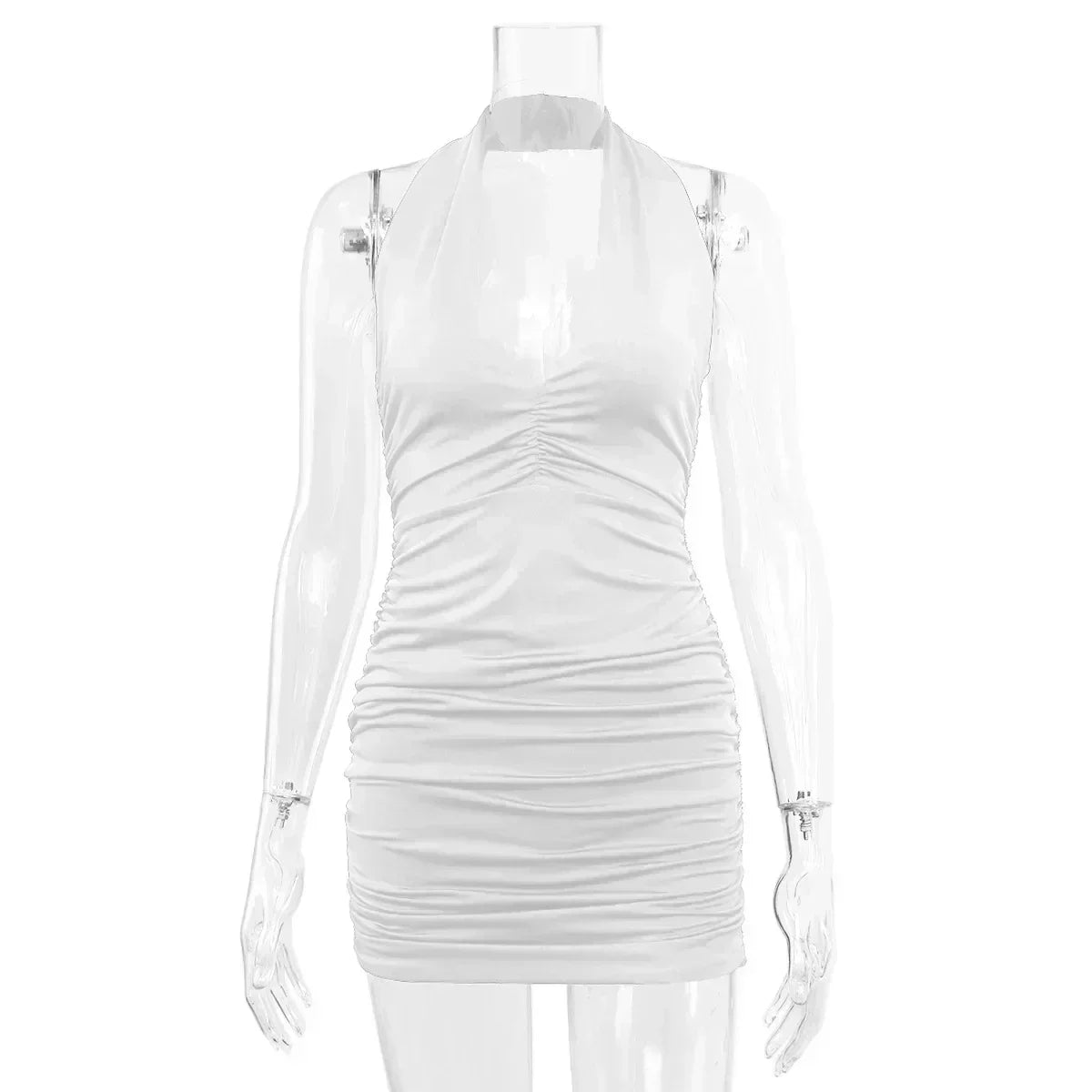 Robe courte sexy à col en V profond pour soirée, sans manches, dos nu, été 2024, blanche, licou, robe moulante pour femme, mini robe de club, tenue de club.