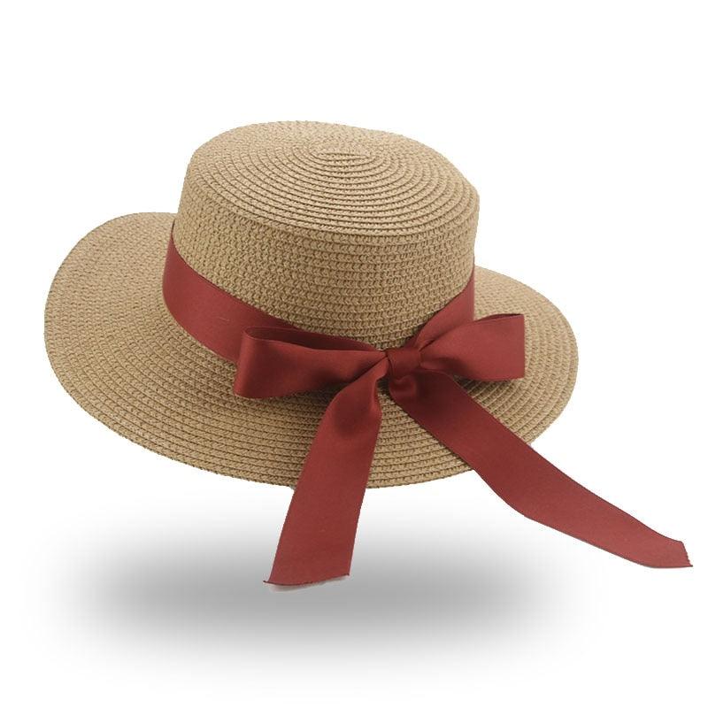 Chapeau Bob Élégant pour Adulte, Chapeau de Paille d'Été pour Femme, Chapeau de Soleil de Plage, Large Chapeau Confortable de Luxe, Chapeau Plat avec Nœud en Ruban, Chapeau d'Été Élégant et Luxueux pour Femme 56-58cm