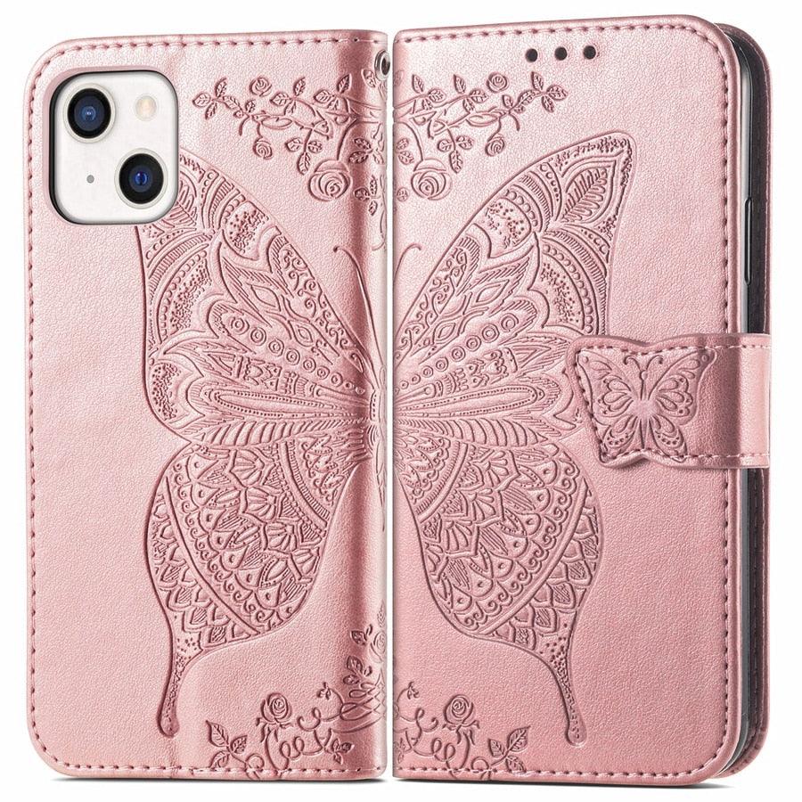 Étui Portefeuille de Luxe Rose Papillon Fleur pour iPhone 14 Pro Max 13 12 Classique Simple Cuir avec Porte-Cartes Béquille Dragonne Rabat pour iPhone