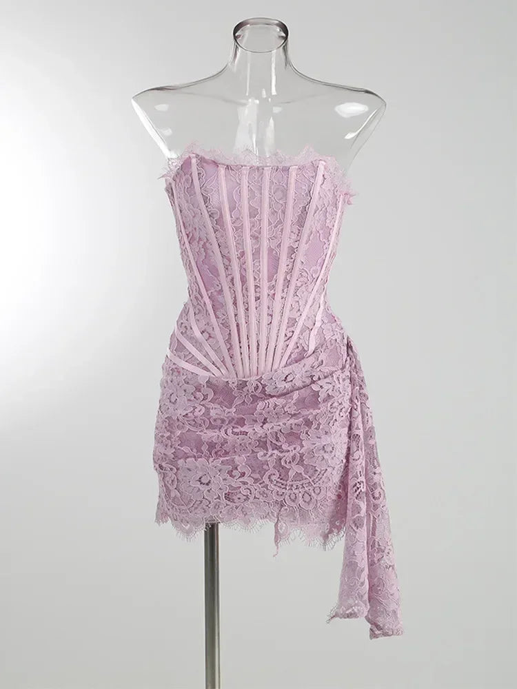 TARUXY Robe Corset Sexy en Dentelle Transparente et Patchwork, Robe Moulante Élégante de Soirée, Mini Robe Irrégulière pour Femme, Robe Bustier Nouvelle Collection