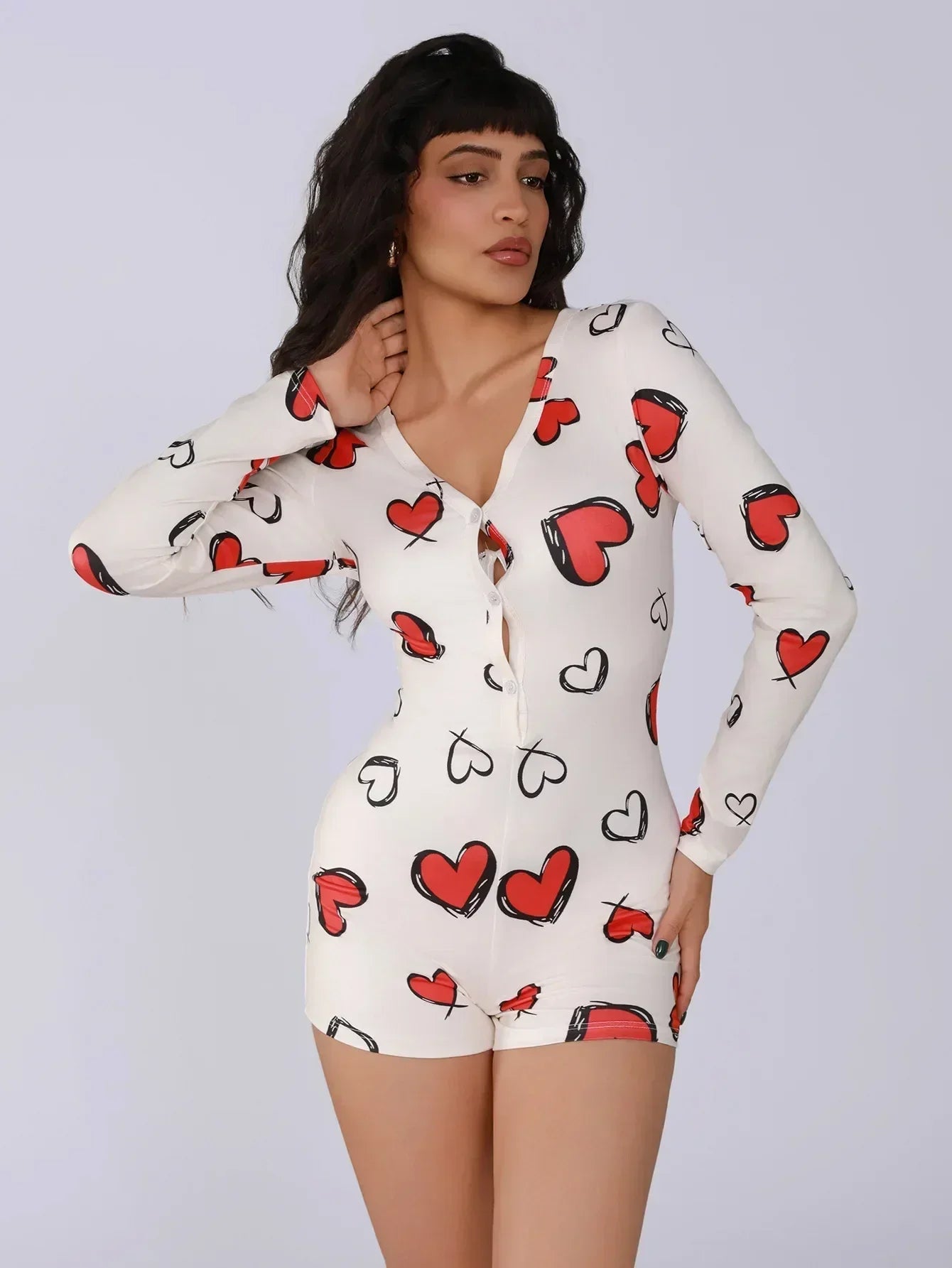 Combinaison une pièce pour femme, pyjama sexy pour fille, imprimé numérique cœur, ensemble manches courtes, short, vêtement d'intérieur