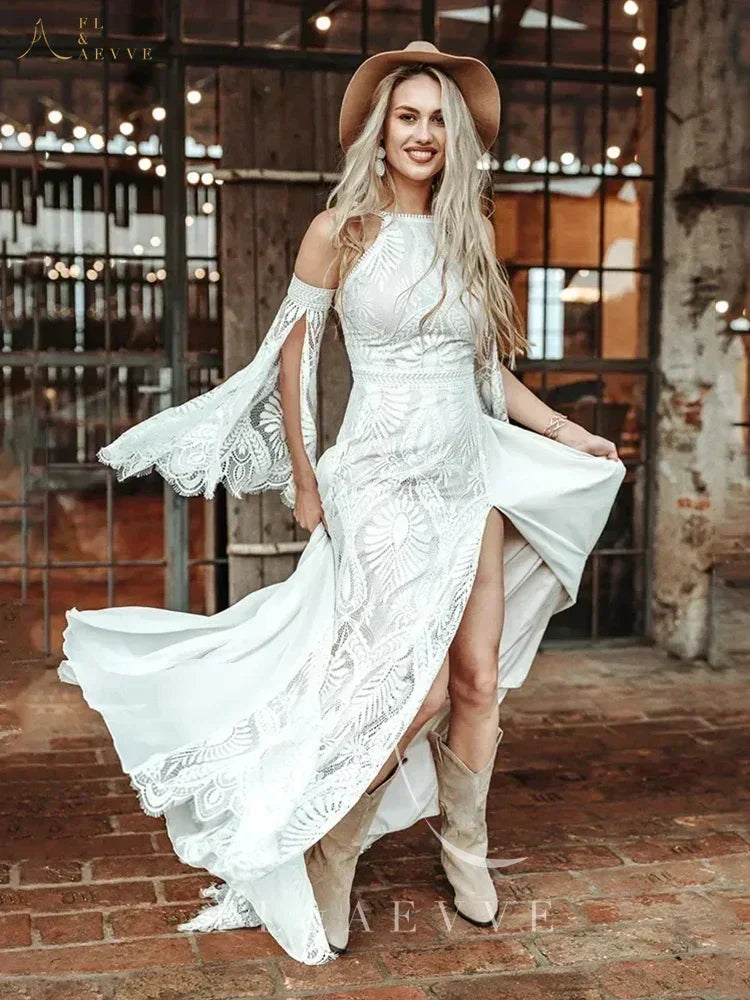 Robe de mariée civile bohème chic personnalisée FL&AEVVE avec fente en dentelle au crochet style hippie Gatsby Elvish