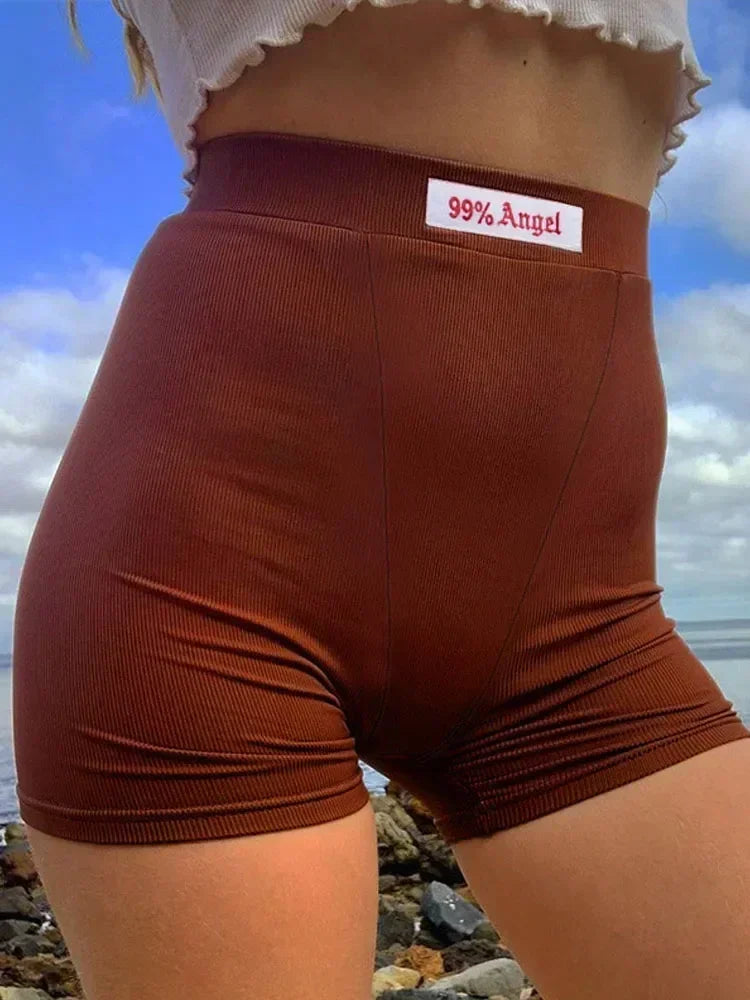 Shorts motard en maille côtelée noire à taille haute et broderie lettre blanche pour femme