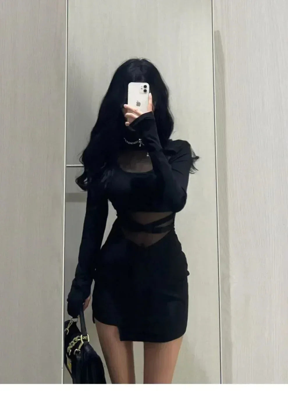 Robe trapue avec manches, nouvelle robe sexy noire à arêtes de poisson, robe moulante personnalisée pour femmes, gaze fine transparente enveloppant les fesses F8Q3