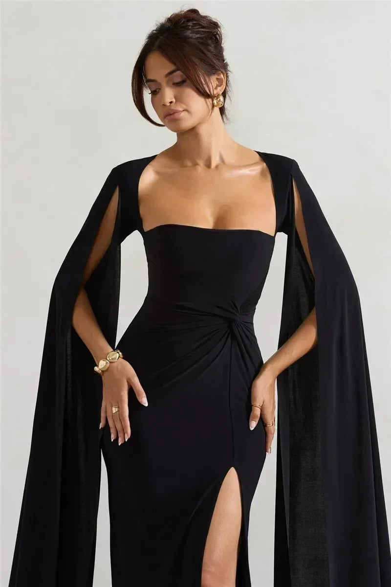 Mozision Robe longue fendue à manches cape pour femme, élégante robe de soirée longue à col carré, couleur unie, nouvelle collection