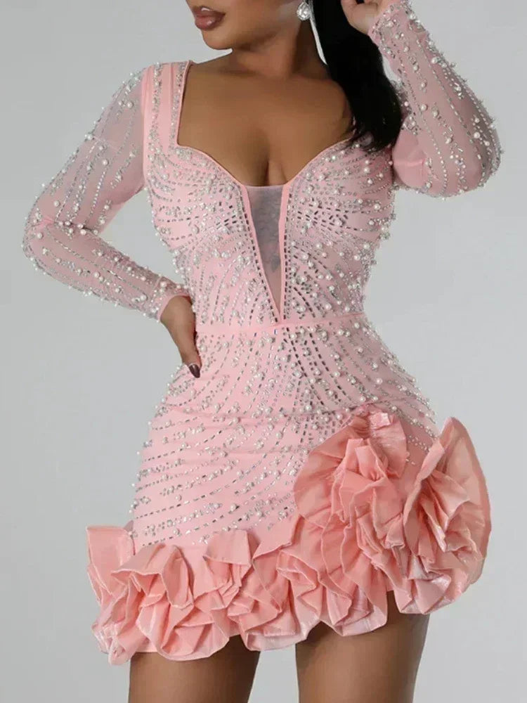 Robes de soirée 2025 Perles Diamants Manches Longues Volants pour femmes Robe de bal brillante élégante pour invitée de mariage Occasion Célébration Anniversaire