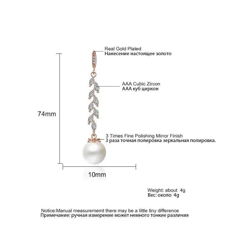 ZAKOL Boucles d'oreilles pendantes rondes imitation perles pour femmes, brillantes, en zircone et cristal, feuilles longues, bijoux de mariée pour mariage