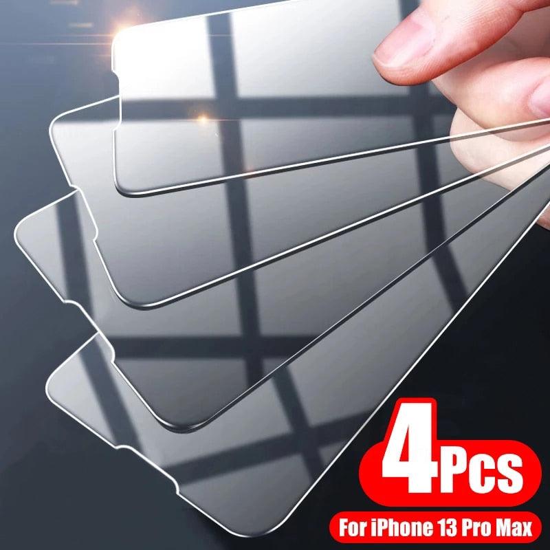 Verre trempé de protection d'écran à couverture complète 4 pièces pour iPhone 11 12 13 14 Pro Max, protecteur d'écran pour iPhone 6 7 8 Plus X Xr Xs Max, Film en verre trempé de protection bord à bord, compatible avec les coques.