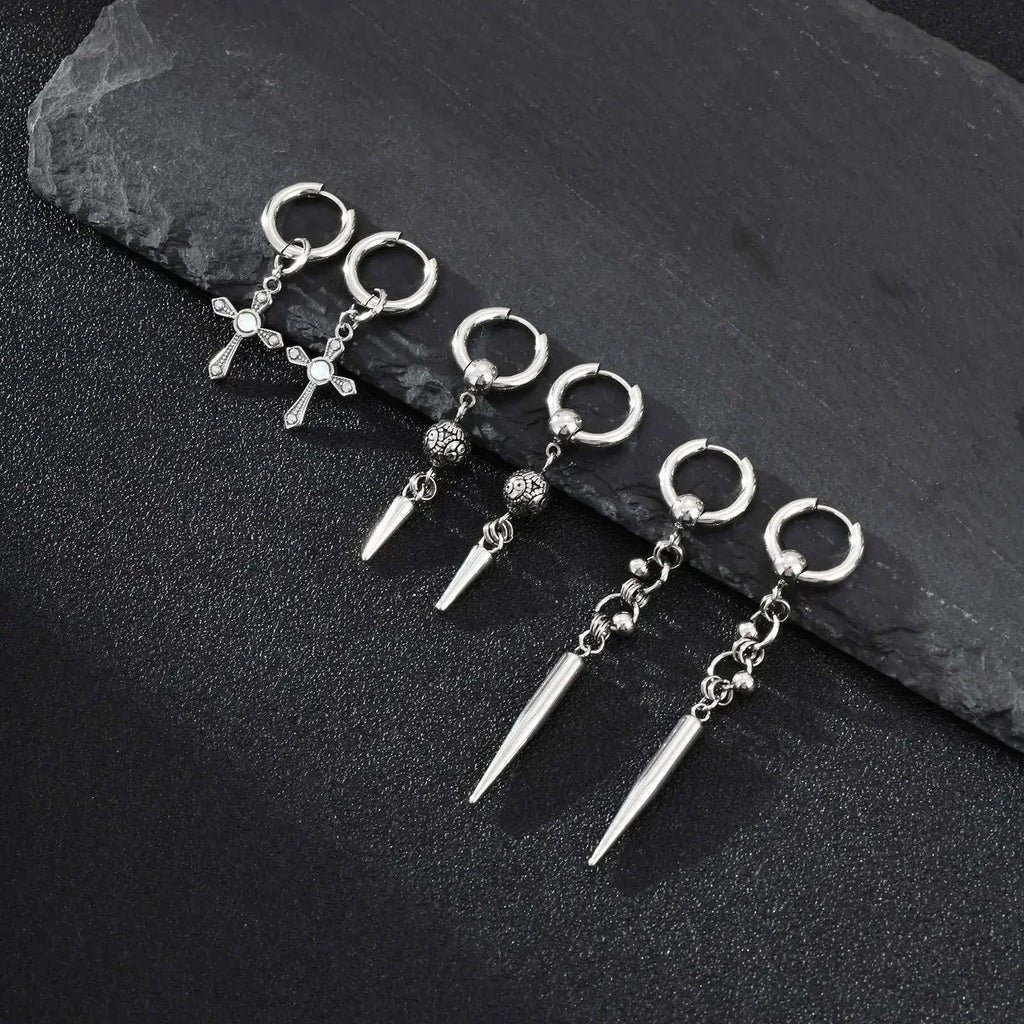 Boucles d'oreilles Huggies Punk pour homme, boucles d'oreilles pendantes vintage en acier inoxydable avec longue chaîne, cadeau élégant boucles d'oreilles croix