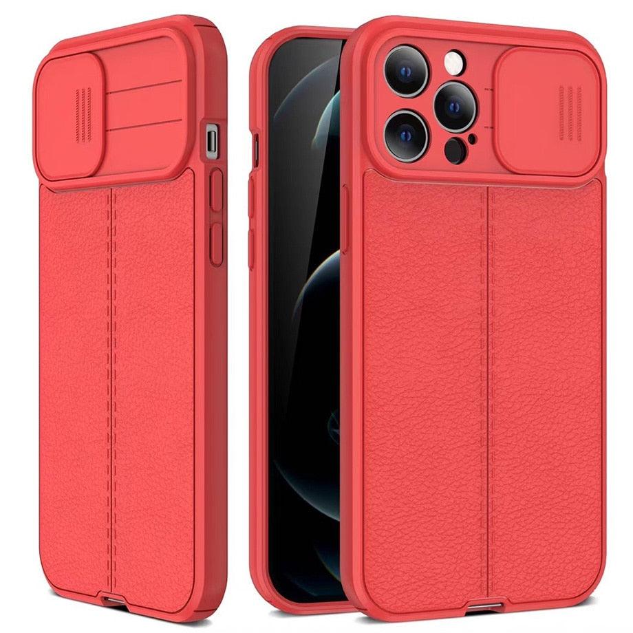 Étui de téléphone antichoc en cuir de luxe noir pour iPhone 13 12 11 14 Pro Max XR X XSMax 14, protection d'objectif d'appareil photo, coque arrière souple, étui fin antichoc avec étui de caméra coulissant pour iPhone
