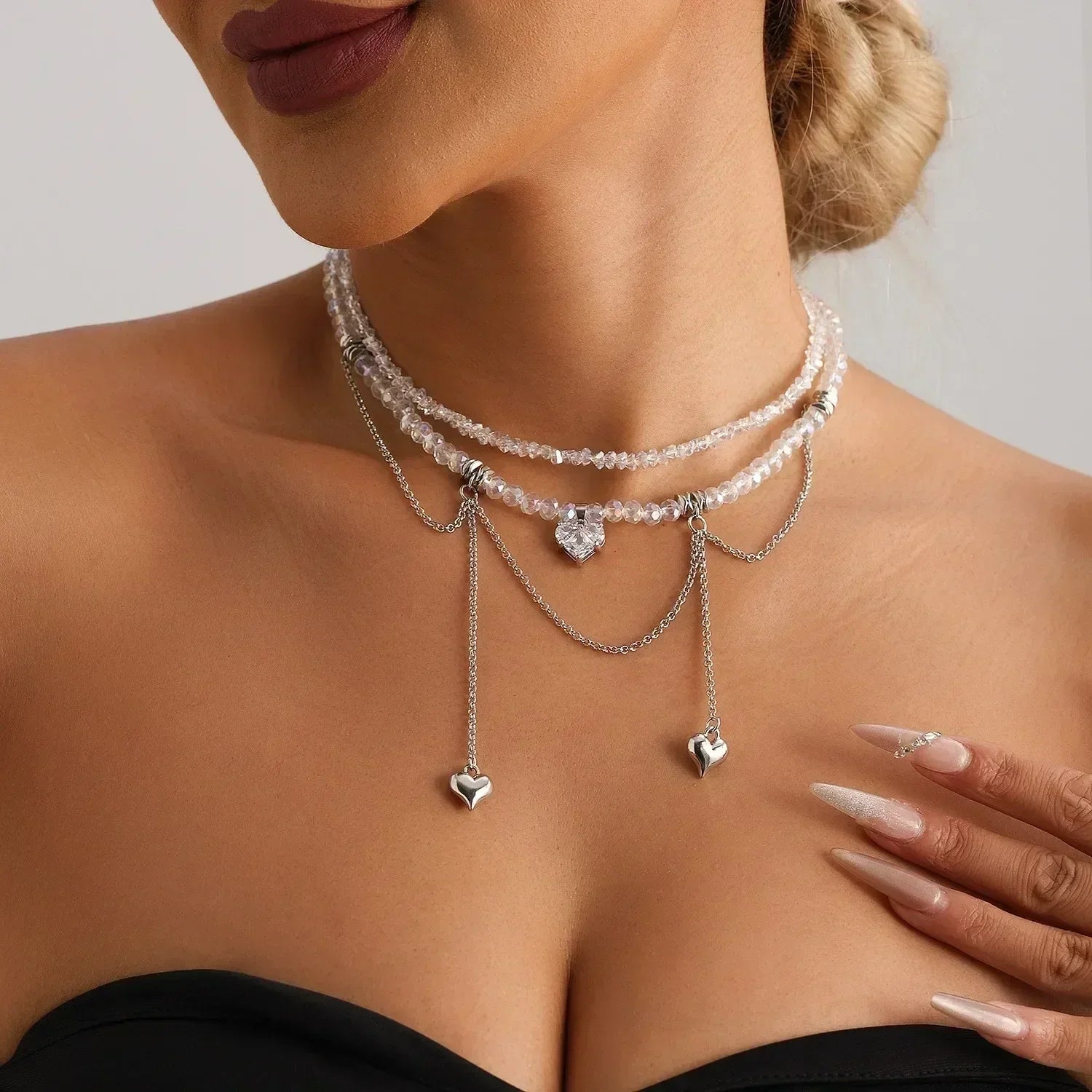 Collier Cœur Perlé Tendance pour Femmes Style Bohème Élégant Chaîne en Cristal Irrégulier Ras du Cou Y2K Exquis Cadeau de Fête Bijoux Accessoires