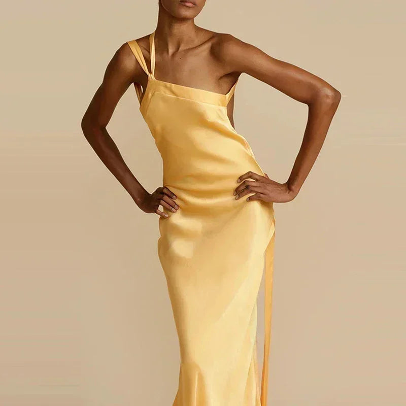 Robe de soirée sexy printemps 2024, épaule inclinée, taille haute, en satin, style bohème, longue, pour femme, dos nu, creuse, avec bandage, maxi