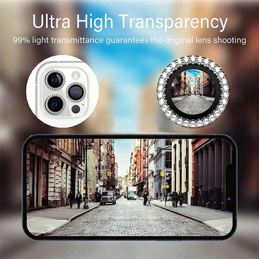 Verre trempé avec anneau métallique, strass et paillettes pour appareil photo iPhone 11 12 13 14 Pro Max Mini Plus, protection d'objectif à couverture complète 9H, protection d'objectif en verre trempé avec anneau métallique unique à couverture complète