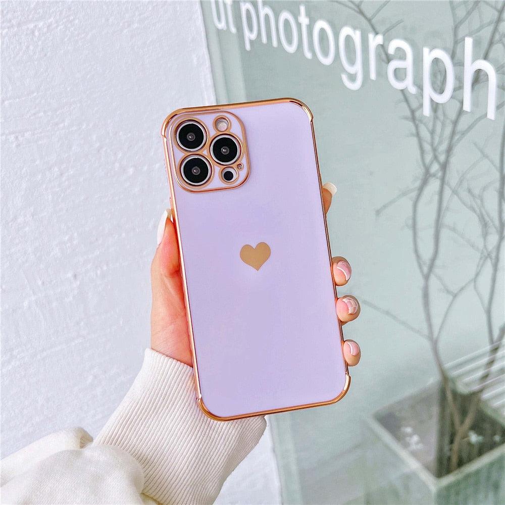 Étui de téléphone de luxe en silicone souple antichoc avec protection intégrale de l'objectif pour filles, étui de téléphone pour iPhone 14 13 12 Pro 12Mini, étui de téléphone antichoc élégant avec cœur d'amour pour femmes