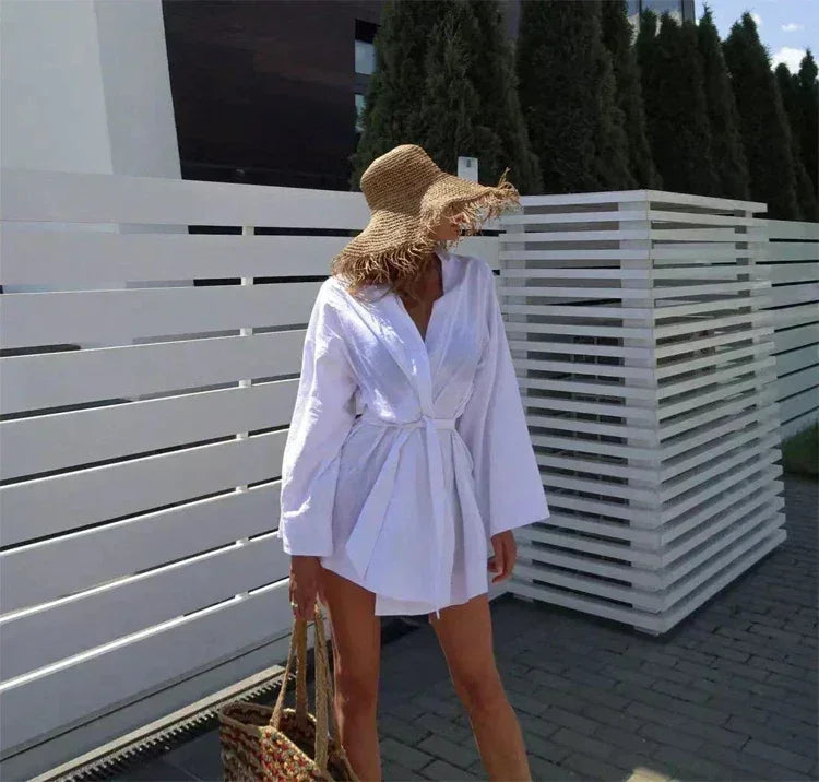 Cardigan Kimono Col V Femme, Robe Courte en Coton et Lin à Manches Longues, avec Ceinture, Style Robe de Chambre, Lacets, Été, Ample, Vestidos