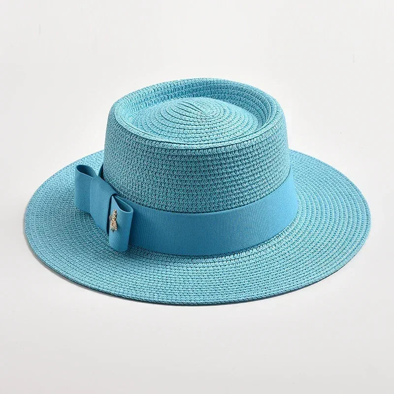 NOUVEAUX Chapeaux de paille Printemps Été pour femmes Surface ronde bosselée Dessus plat Nœud Papillon Robe Casquette Voyage Plage Soleil Chapeau Gorra