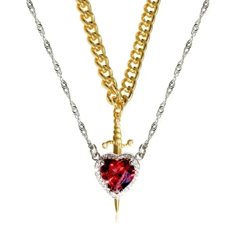 Parure de 2 colliers cœur et épée - Colliers de couple en ACIER INOXYDABLE plaqué or 18 carats avec cristaux pour femme, homme, petit ami, petite amie