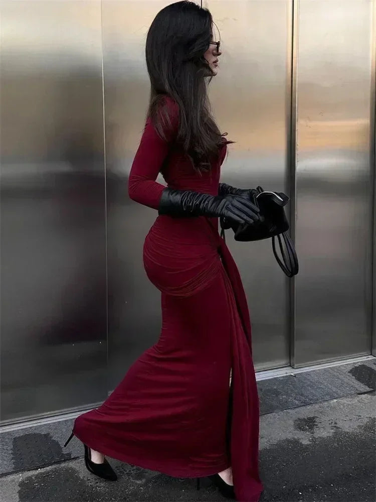 Robe longue plissée sexy pour femme Y2K, robe moulante de rue d'automne, robe patchwork torsadée à manches longues unies pour femme