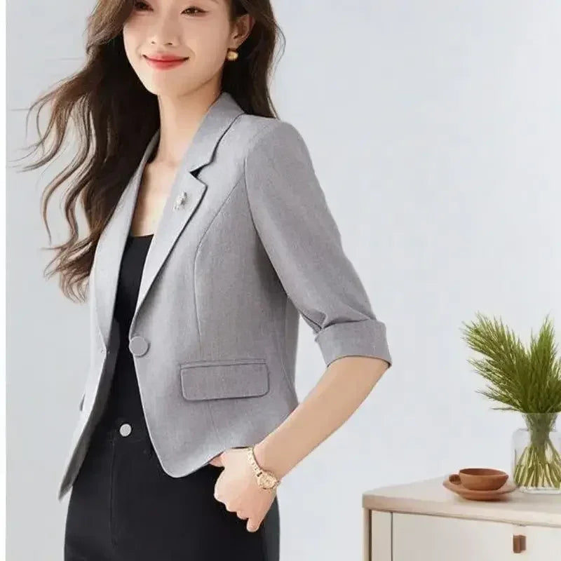 Blazer court noir pour femme – Veste slim de bureau – Design haut court printemps été – Manteaux décontractés pour femme – Un bouton