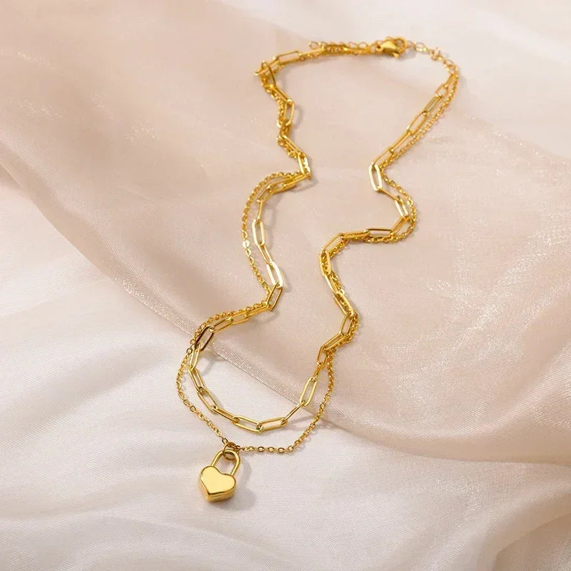 Collier multicouche cœur en acier inoxydable 316L pour femmes et filles, gothique, couleur or, chaîne de clavicule, pendentif ras du cou, cadeau d'anniversaire