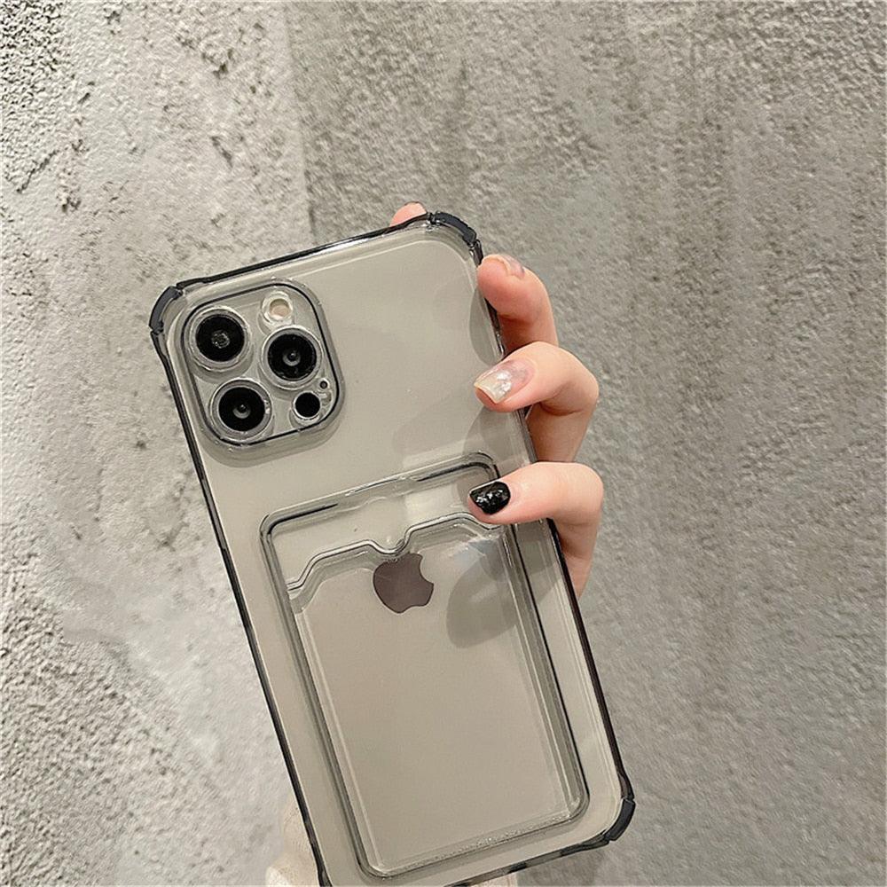 Étui transparent porte-cartes pour iPhone 13 11 12 14 Pro Max Mini Coque souple antichoc transparente avec porte-cartes Étui de téléphone transparent avec porte-cartes Coque fine de protection souple antichoc avec porte-cartes