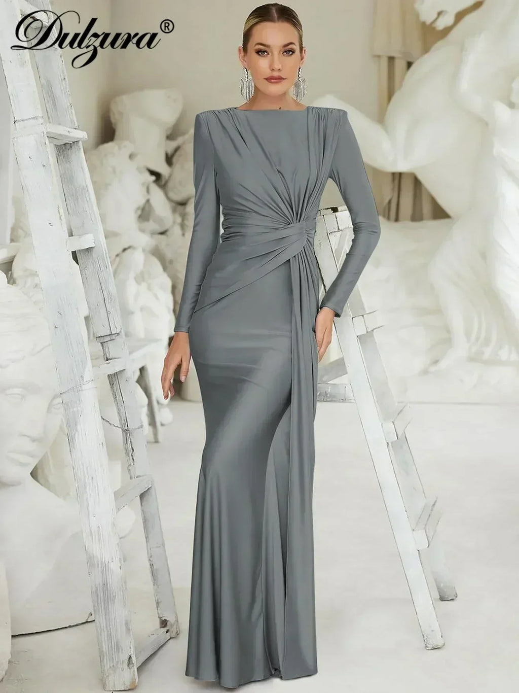 Robe longue Dulzura à manches longues et épaulettes, froncée, unie, élégante, pour bal de promo ou soirée, tenue d'automne et d'hiver pour femme
