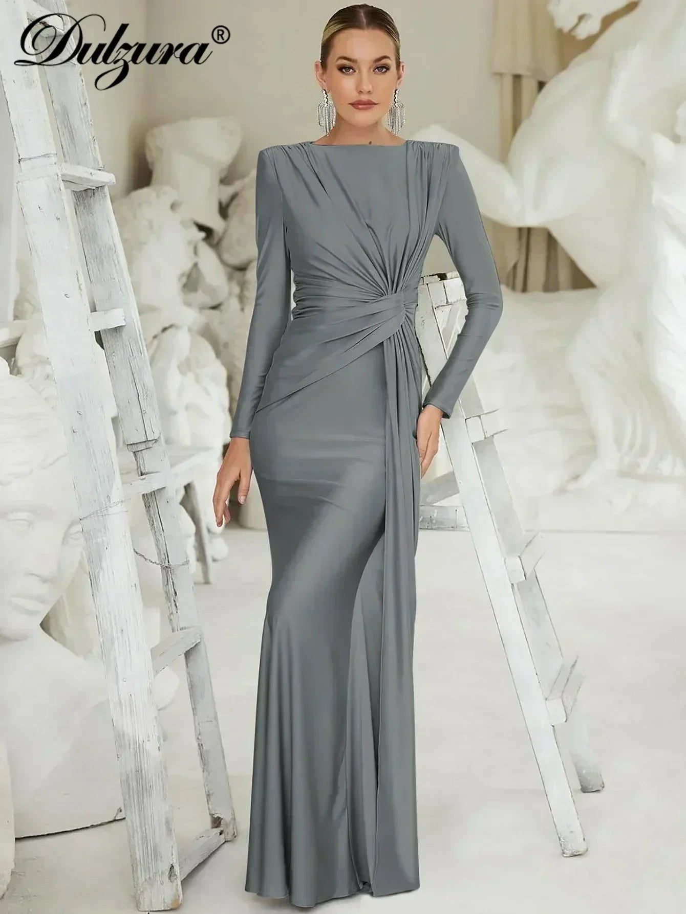Robe longue Dulzura à manches longues et épaulettes, froncée, unie, élégante, pour bal de promo ou soirée, tenue d'automne et d'hiver pour femme